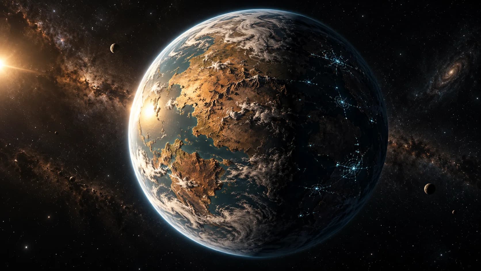 Almag, a planet split between a golden sunlit hemisphere and a dark hemisphere traced with blue light.